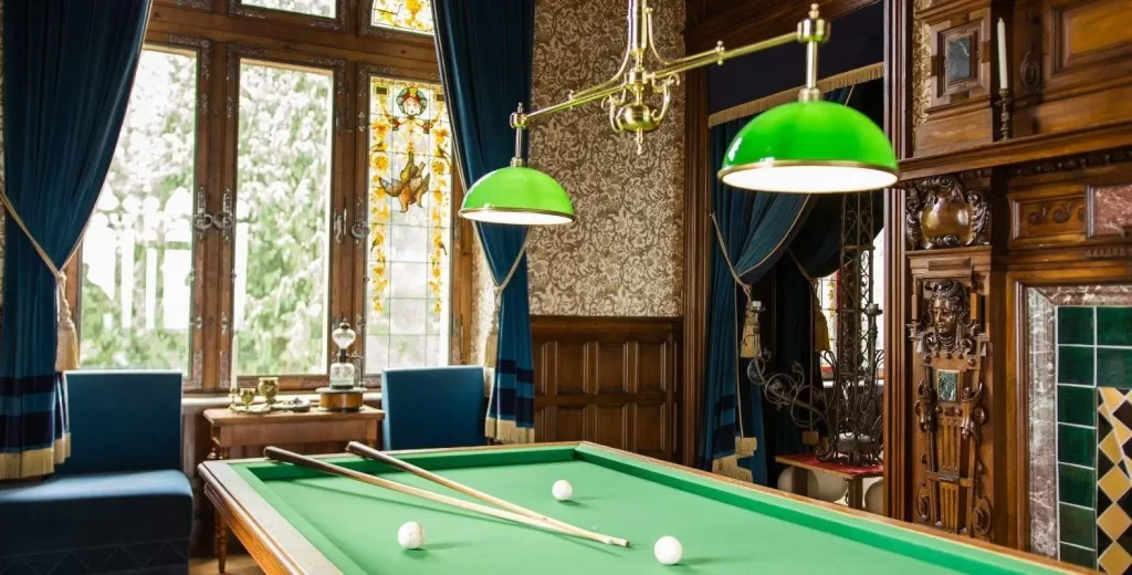 A pool table in a vintage room.