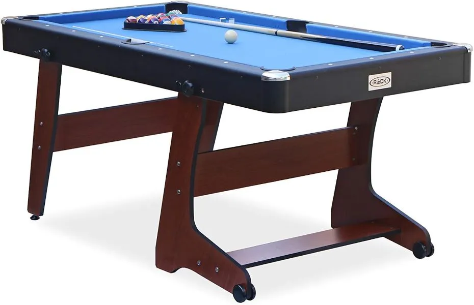 RACK Drogon 5.5-Foot Folding Pool Table in Brown colored stand.